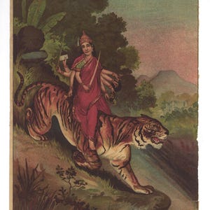 May include: Vintage print depicting a multi-armed figure in a red sari riding a tiger. The figure holds a sword and other objects, set against a backdrop of lush greenery, mountains, and a dusky sky. The tiger is brown with black stripes.