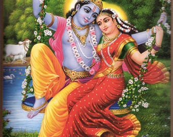 Krishna en Radha... Grote Indiase devotionele print in vintagestijl