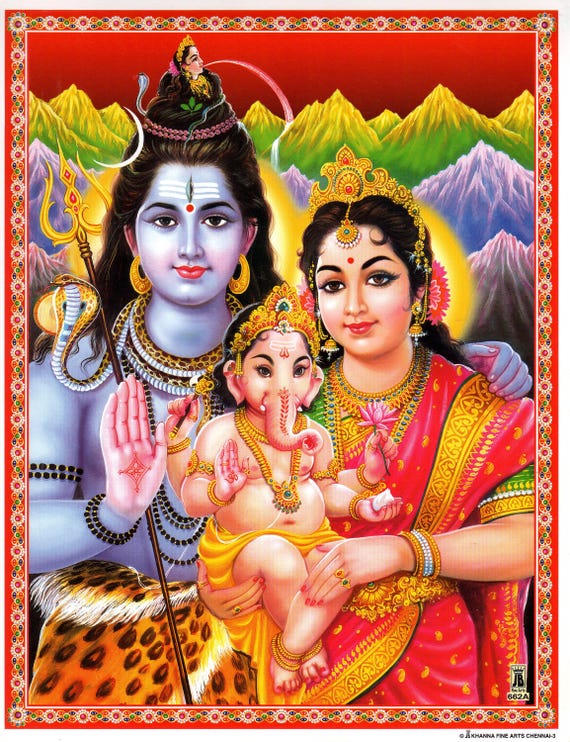 シヴァとその家族が祝福しますヴィンテージスタイルのインドの