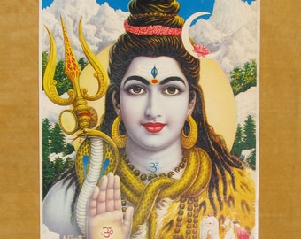 May include: A colorful illustration of Shiva, a Hindu deity, with a snake around his neck and a trident in his hand. He is wearing a crown of flowers and a necklace of beads. The background is a blue sky with mountains and clouds.
