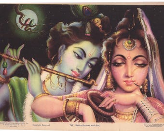 Krishna & Radha... Grote eigentijdse herdruk van vintage Indiase print.