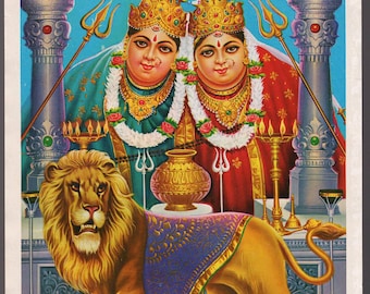 Sztuka Kali, Chamunda Mata... Vintage indyjski hinduski druk nabożny