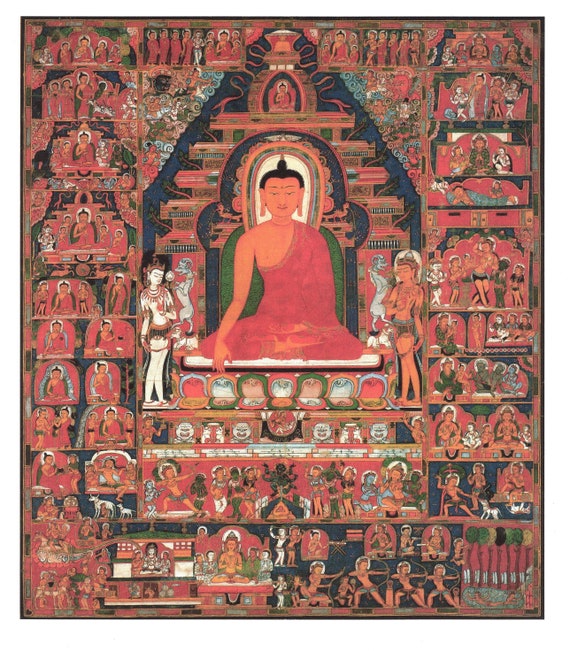 Il Buddha Stampa contemporanea di thanka tibetano vintage