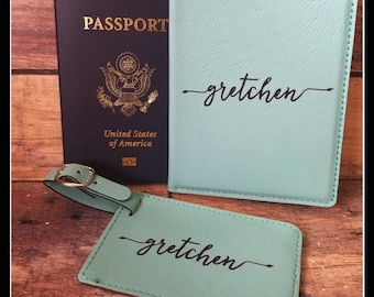 Passport Cover and Luggage Tag Set, Leatherette, Leather, Personalized, Bride, Groom Gift, Anniversary, Christmas, Travel Gift For Her