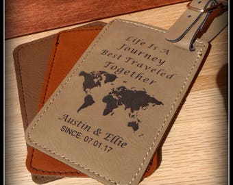 Luggage Tag Life Is A Journey Mr and Mrs Leather Vegan Personalized Bride & Groom Wedding Gift Honeymoon Travel Tag With/O Message Card