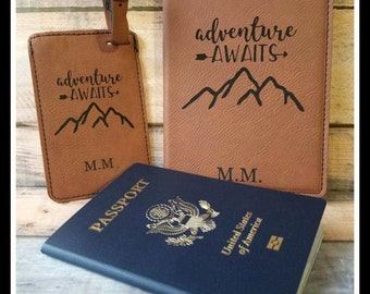 Passport Cover and Luggage Tag Set, Leather, Adventure Awaits, Personalized Passport, Luggage Tag, Bride, Groom Gift, Anniversary, Christmas