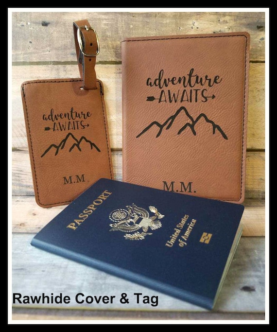 Passport Cover and Luggage Tag Set Leather Adventure Awaits Personalized Passport Luggage Tag Bride Groom Gift Anniversary Christmas Etsy