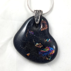 Handmade Art Glass Heart Pendant, Dark Blue and Rainbow Dichroic, Silver Plate, Christmas Gift