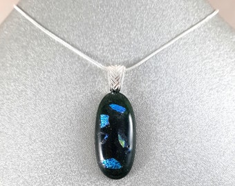 Handmade Art Glass Pendant, Dark Green and Rainbow Dichroic, Silver Plate, Christmas Gift