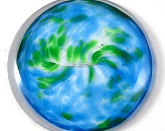 Handmade Art Glass Rondel, Blue and Green, For Stained Glass Artists, 3 and 7/8"