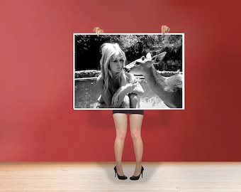 Brigitte Bardot With Deer - Classic Art Print Poster Cotton Matt Canvas Wall Art - French former actress, singer and fashion model Photo