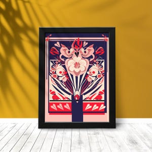 Puede incluir: Una impresión enmarcada con un diseño abstracto colorido que presenta una flor estilizada con pétalos rojos, rosas y blancos, rodeada de formas geométricas azules y blancas.