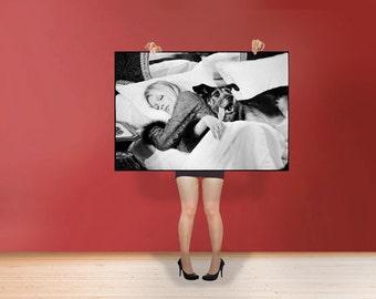 Brigitte Bardot In BEd With Dog - Classic Art Print Poster Rolled Wall Art - French former actress, singer and fashion model Photo