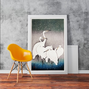 Group of Egrets Birds Ohara Koson Artwork Painting - Classic Art Wall Art Print Poster Rolled Cotton Matt Canvas Photo