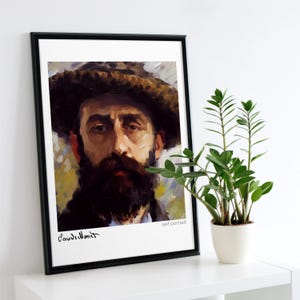 Puede incluir: Un autorretrato en blanco y negro de un hombre con barba que lleva un sombrero marrón. La pintura está enmarcada en negro y tiene la firma del artista "Claude Monet" en la esquina inferior izquierda y el texto "self portrait" en la esquina inferior derecha.