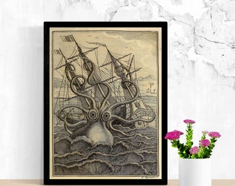 Könnte beinhalten: Eine Schwarzweißillustration eines Schiffes, das von einem riesigen Kraken angegriffen wird. Das Schiff hat drei Masten und Segel. Der Kraken hat große Augen und Tentakel, die sich um das Schiff wickeln.