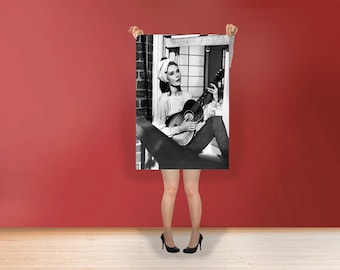 オードリー ヘップバーン ギター ムーン リバー - クラシック アート プリント ポスター ロール コットン マット キャンバス ハリウッド黄金時代スタイル ウォール アート 写真