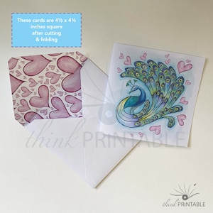 Print-at-Home - Geburtstagskarte & Umschlag - PEACOCK und HEARTS, 4,5 Zoll quadratische bedruckbare Karte | 4,7 Zoll Umschlag Vorlage