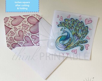 Print-at-Home - Birthday Card & Envelope - PEACOCK and HEARTS, 4.5 inch square printable card | 4.7 inch envelope template