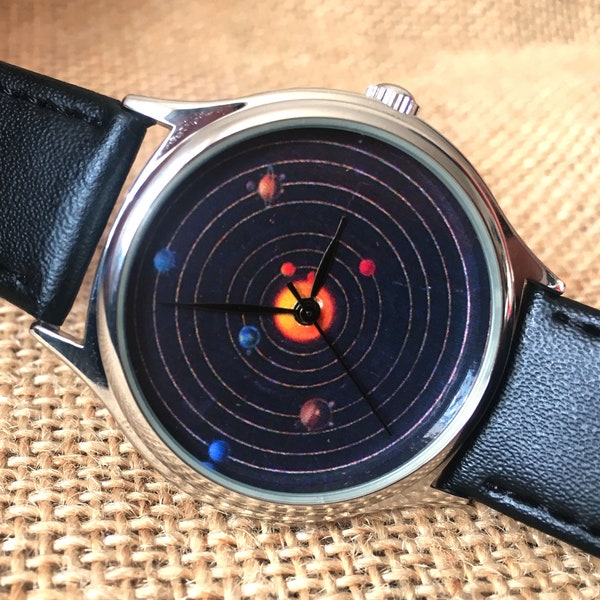 Universe watch, engraved watch, Leather watch band, cosmos, planets, montre homme, armbanduhr