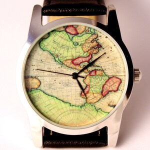 World map watch, antique map of Americamontre hommerelojes hombreuhr, orologio