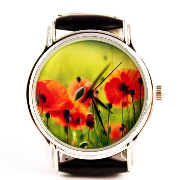 Montre de pavot, coquelicots, montre femme, idée cadeau pour girlmontre hommerelojes hombreuhr, orologio