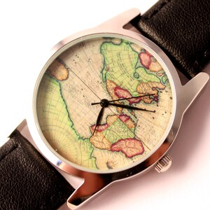 World map watch, antique map of Americamontre hommerelojes hombreuhr, orologio