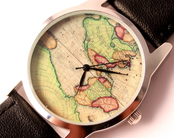 World map watch, antique map of America, handmade watch, personalized watch, custom watch, free shipping worldwidemontre hommerelojes hombre