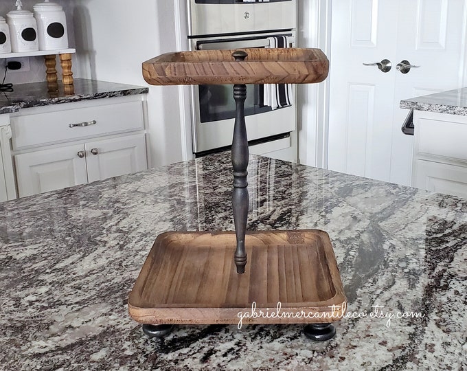 Square Paulownia Wood To Tier Tray Stand. Wood Riser. Wood Stand. Wood Tray. Wood Pedestal. Farmhouse. .