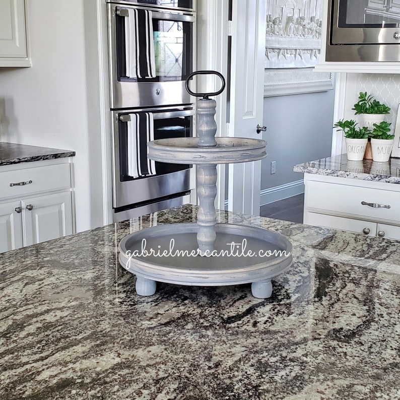 Round Rustic Wood 2 Tier Tray Stand In Weathered Gray Color Etsy