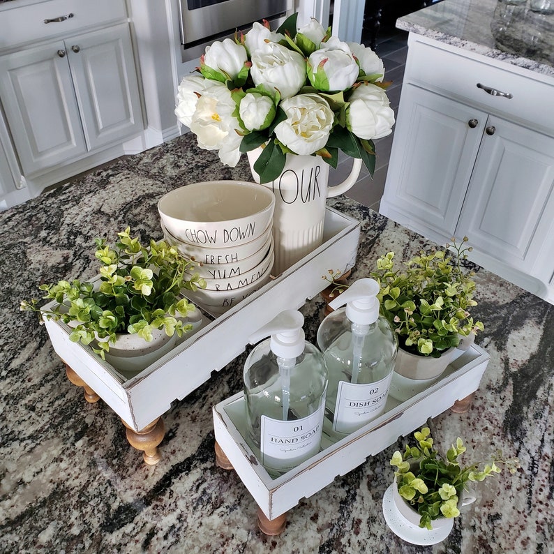 Rectangular Slatted Wood Tray Riser Stand in Distressed White. Etsy
