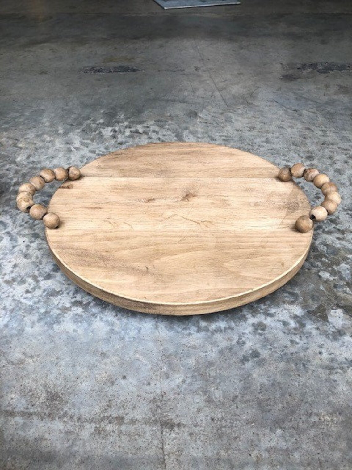 Round Wood Tray with Bead Handle. Wood Tray. Beaded Tray. Etsy