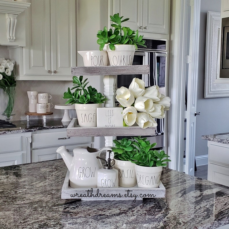 Large Rustic Wood 3 Tier Square Tray Stand In Distressed White Paint Color Columns