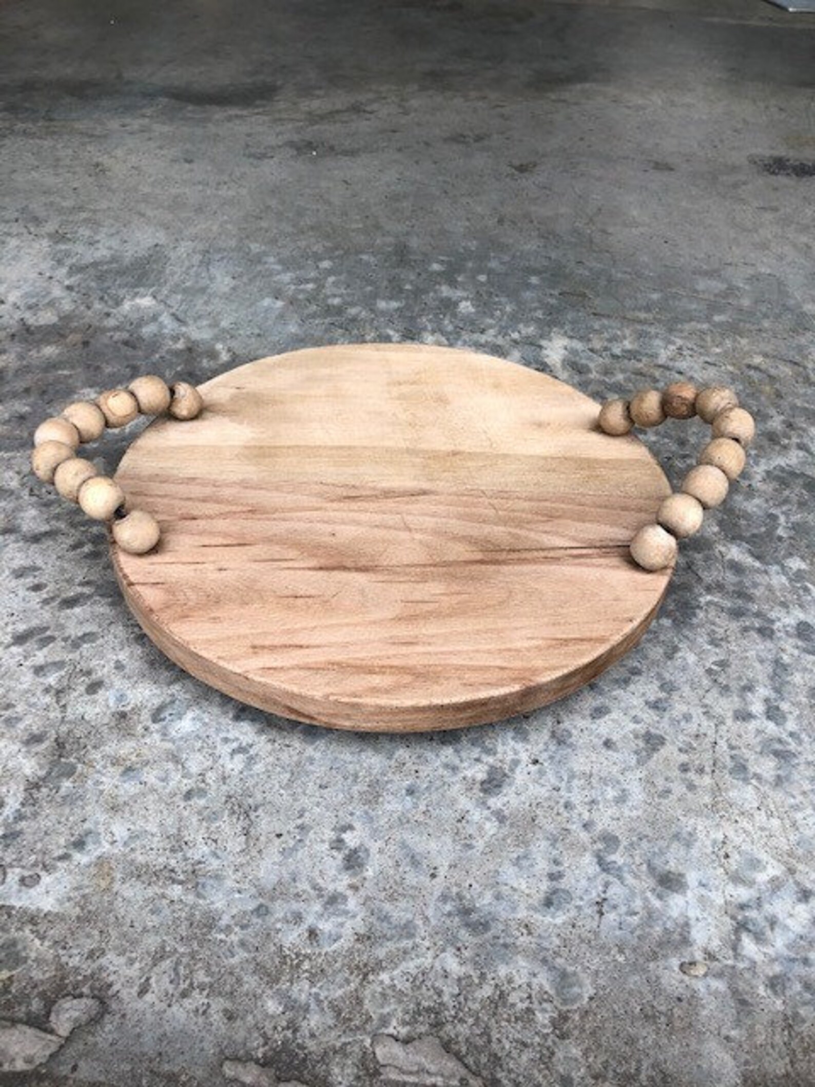 Round Wood Tray with Bead Handle. Wood Tray. Beaded Tray. Etsy
