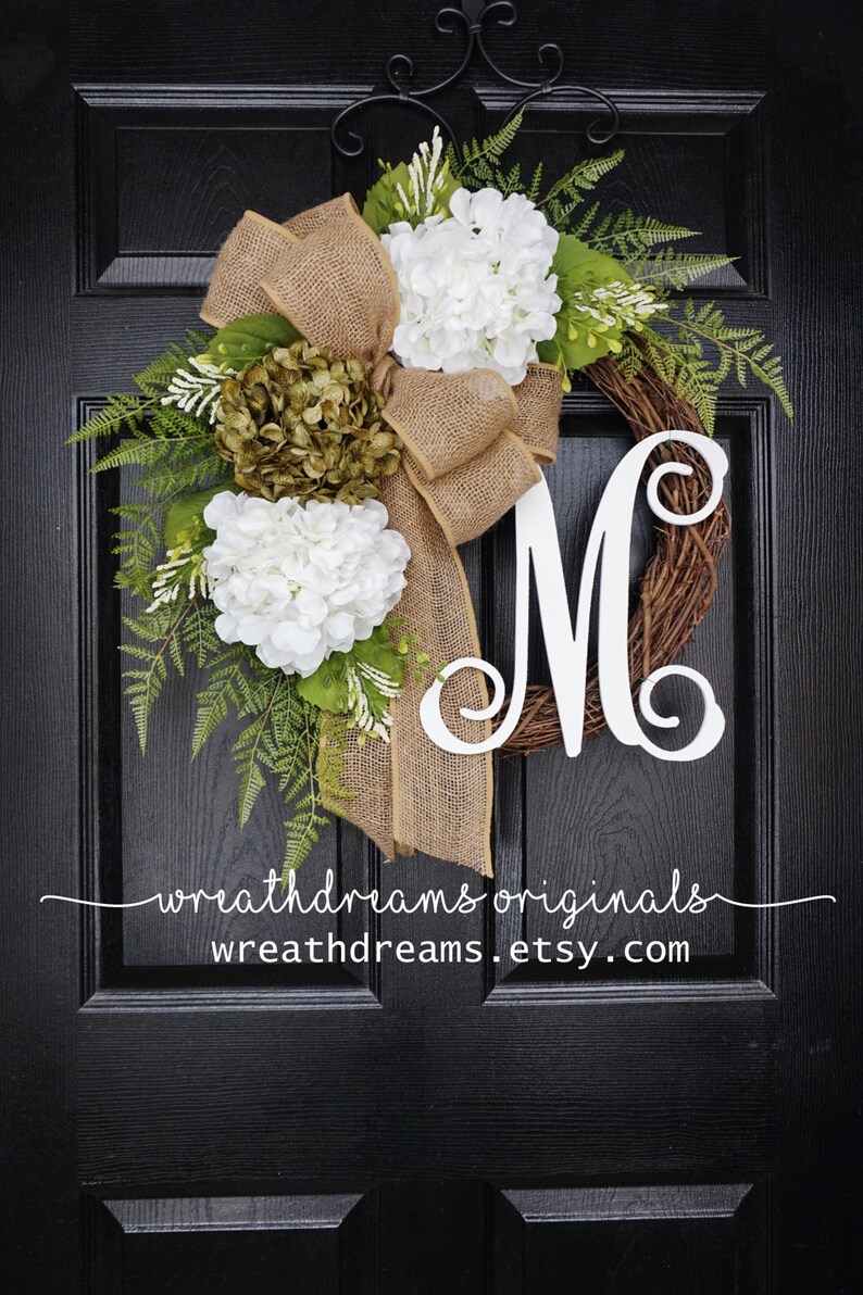 Door Wreath Grapevine Wreath. Summer Wreath Year Round Wreath Spring Wreath Sage Green /& White Hydrangea Wreath