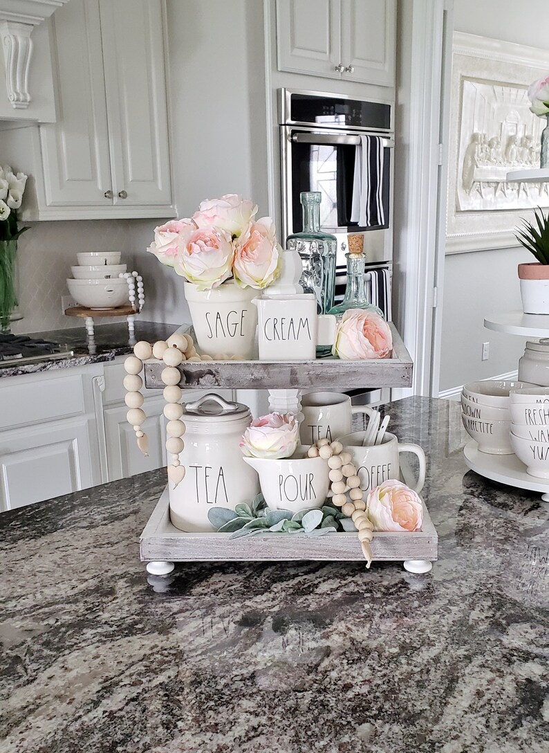 Large Rustic Wood 2 Tier Square Tray Stand In Distressed White Paint Color Columns