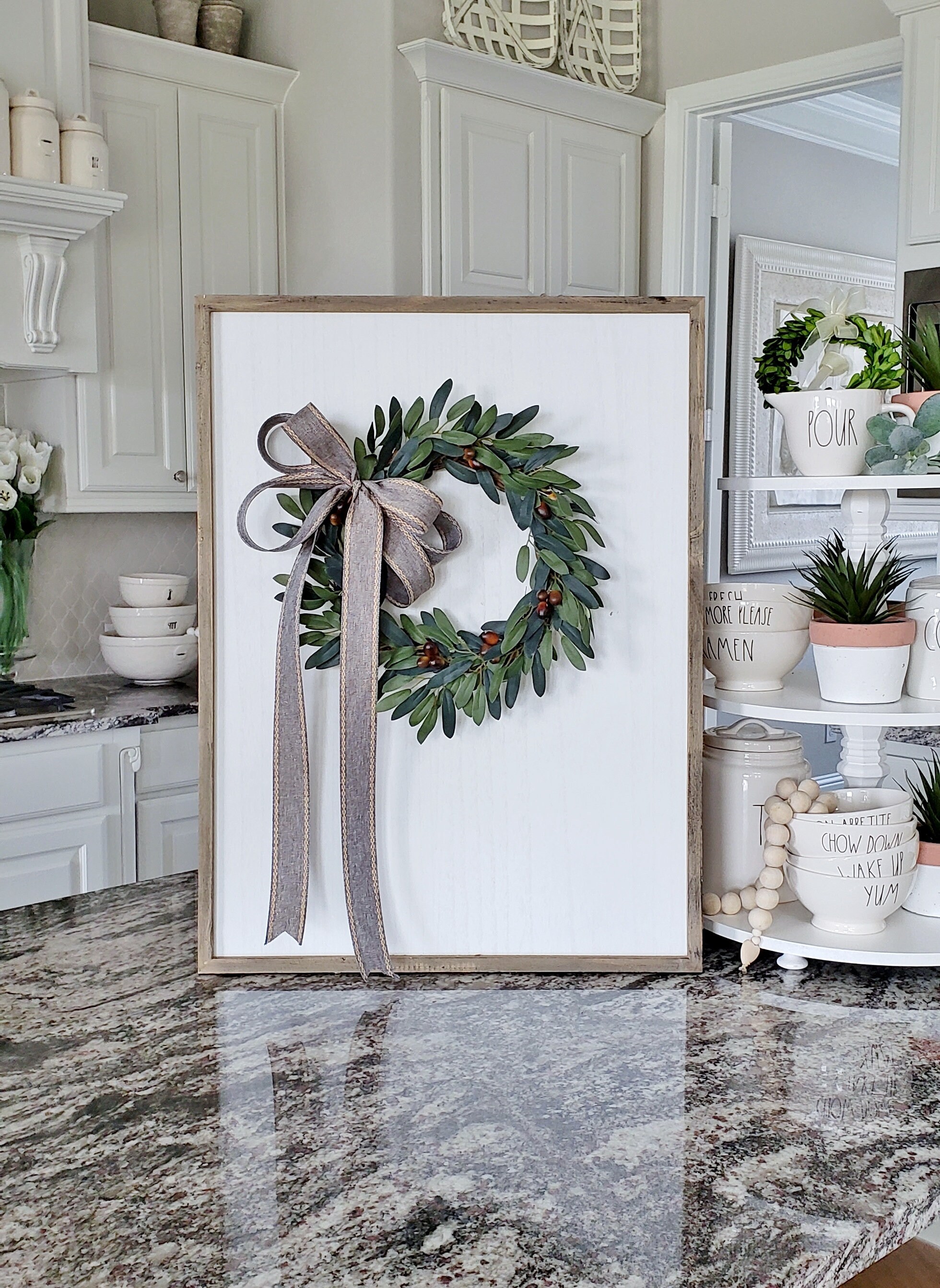 Large White Wood Wall Decor With Artificial Olive Wreath Hand