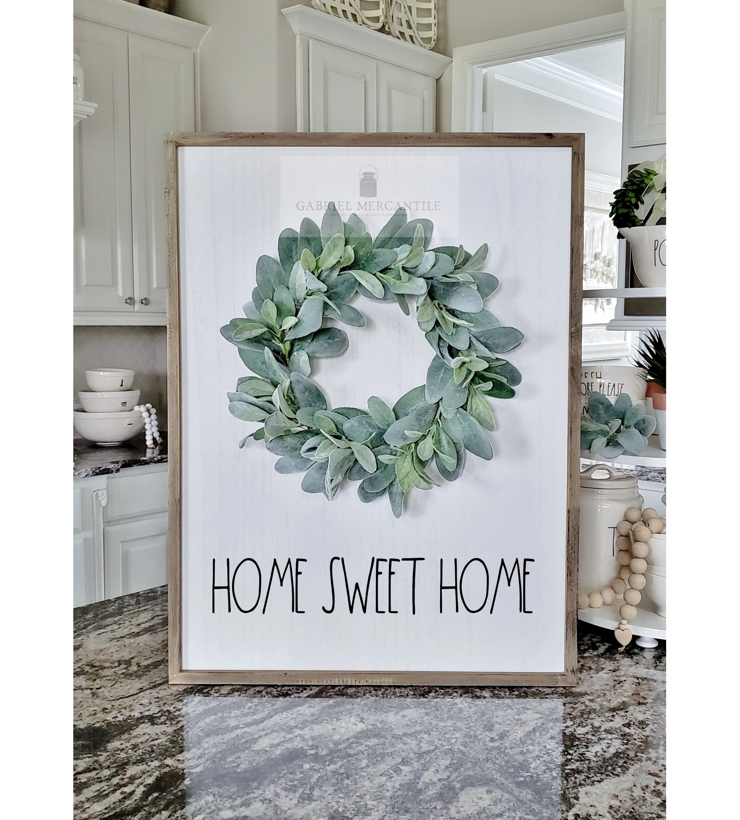 Large White Wood Wall Decor With Lambs Ear Wreath Hand Painted
