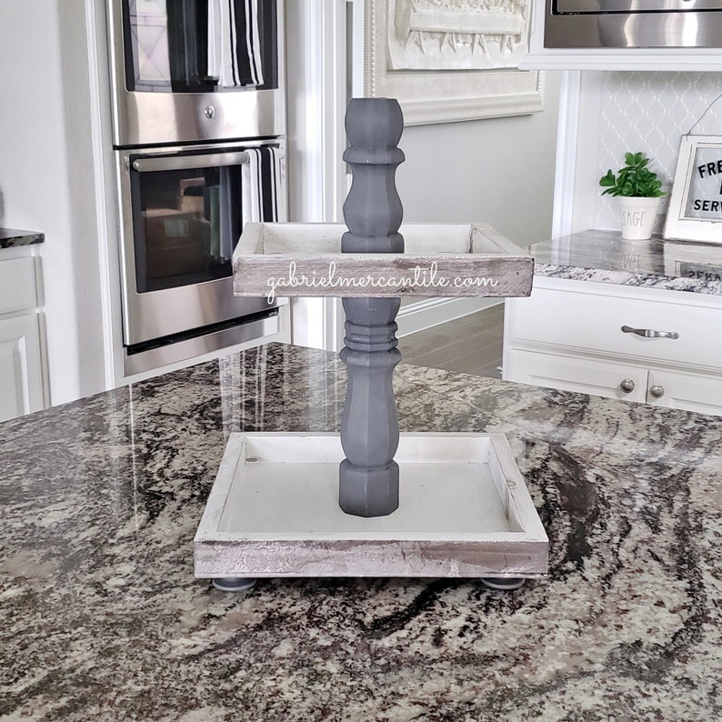 Rustic Wood 2 Tier Square Tray Stand In Gray Paint Color Columns