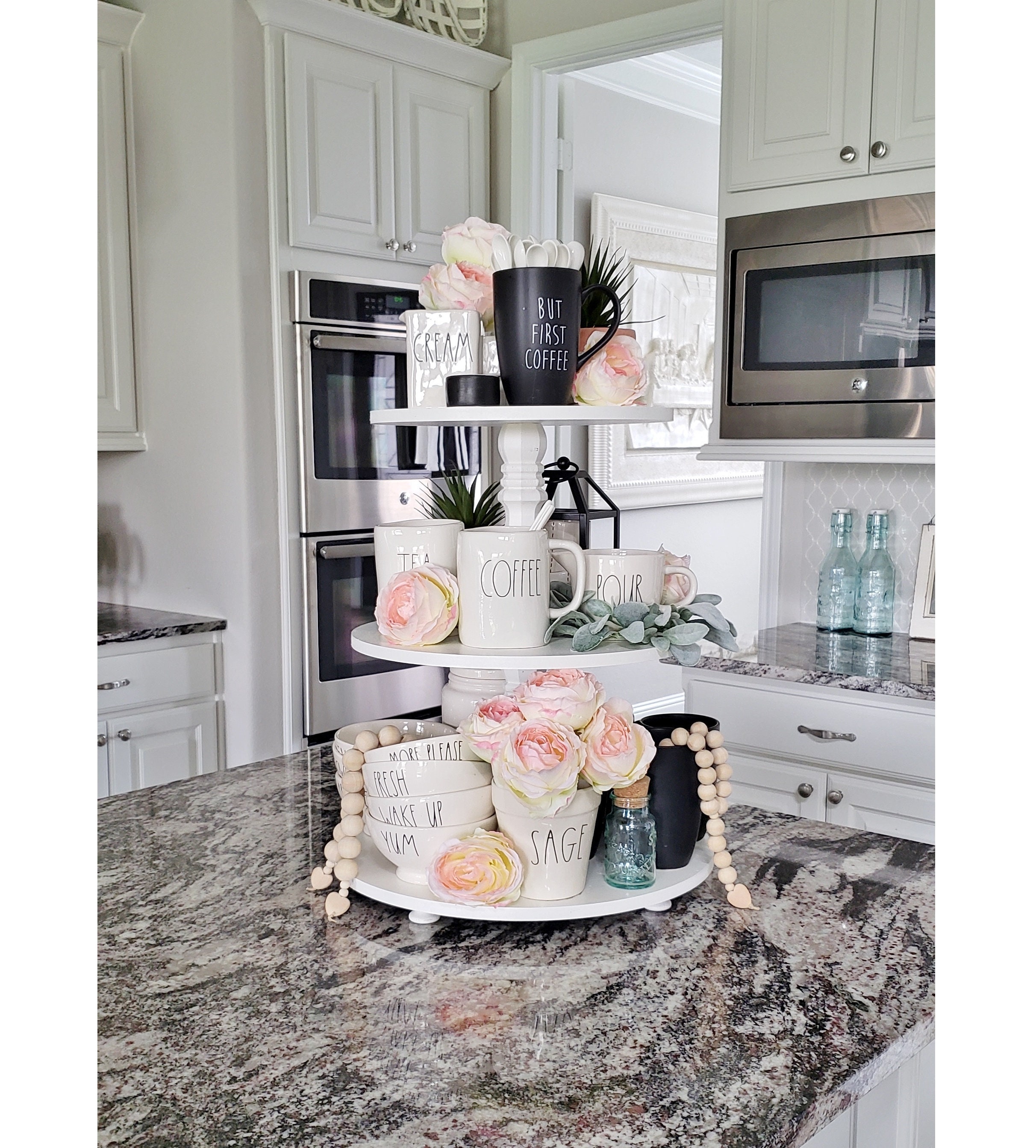 Round Wood 3 Tier Tray Stand In White Riser