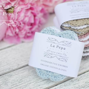 Eco Chic Linen and Cotton Zero Waste Crochet Face Scrubbies set of 5, Eco-friendly, Reusable Face-Cloths, Eye make-up removers, image 1