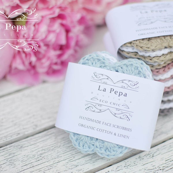 Eco Chic | Linen and Cotton Zero Waste Crochet Face Scrubbies set of 5, Eco-friendly, Reusable Face-Cloths, Eye make-up removers,