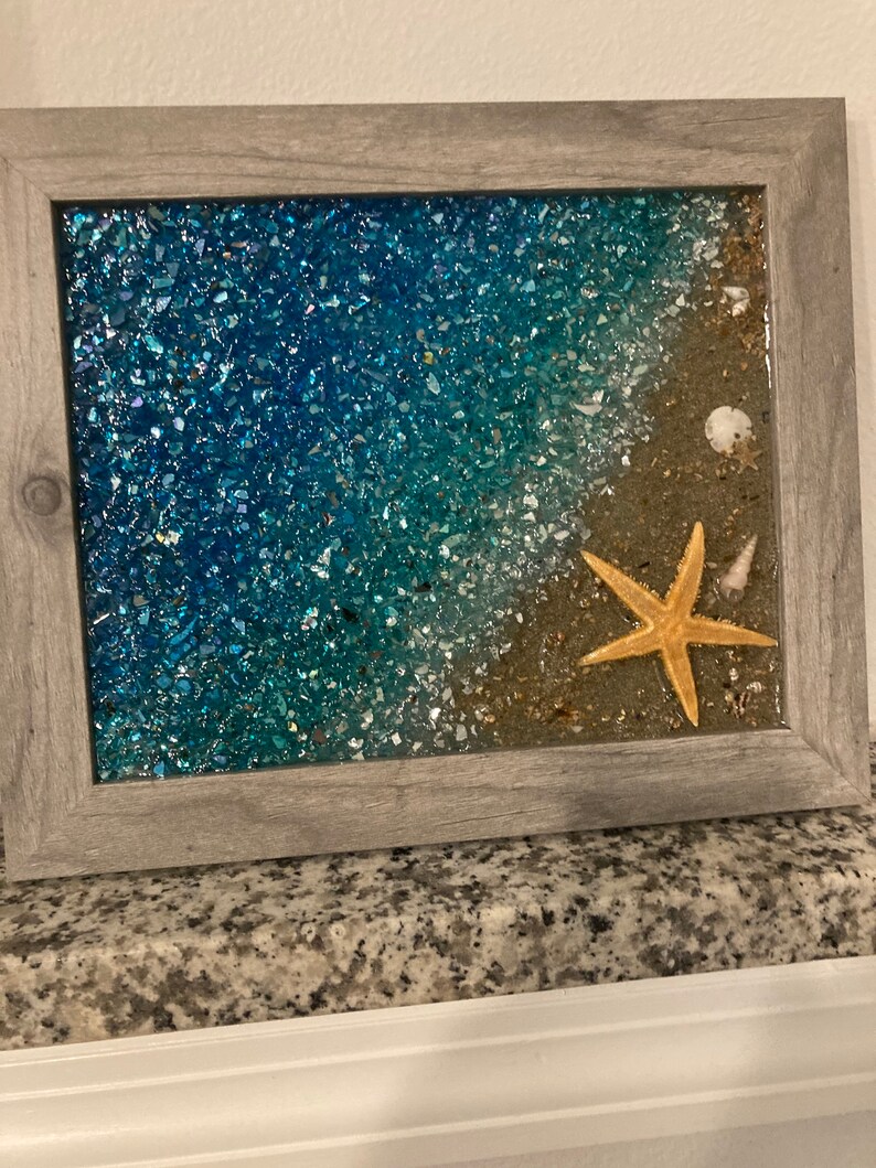 Framed Glass Art Sea Scape Crushed Glass Art Beach Themed Etsy