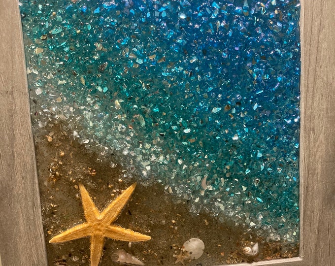 Framed Glass Art Sea Scape Crushed Glass Art Beach Themed Etsy