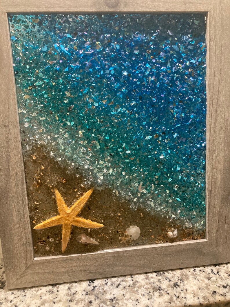 Framed Glass Art Sea Scape Crushed Glass Art Beach Themed Etsy