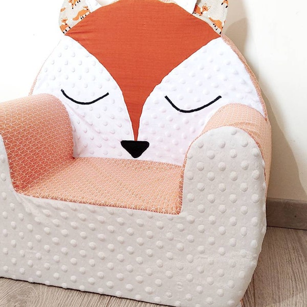 Fauteuil club enfant personnalisé déhoussable - renard orange rouille, beige, blanc