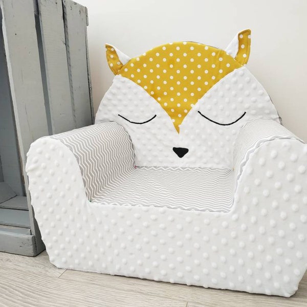 Fauteuil club enfant personnalisé déhoussable - renard jaune à pois, gris, blanc