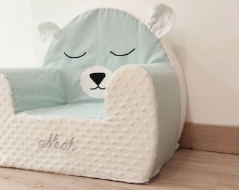 Personalized children's club chair with removable cover - mint green and white bear