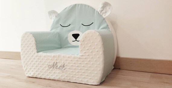 Fauteuil club enfant personnalisé déhoussable - ours vert mint et blanc