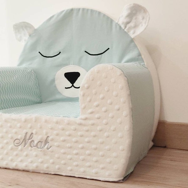 Personalized children's club chair with removable cover - mint green and white bear